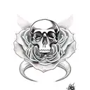  tattoo of a skull, roses , snake going to bite the knee tattoo design idea