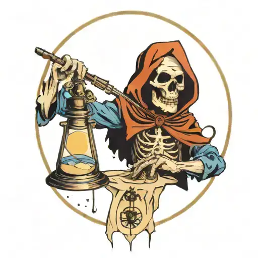 bold reaper with a skull face and a broken hour glass with sand running out tattoo design idea