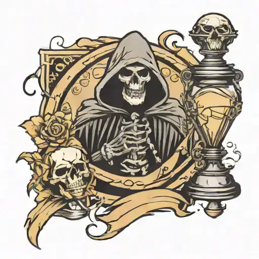 big bold reaper with a skull face and a broken hourglass with sand running out tattoo design idea