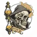 bold reaper side profile with his face as a skull face and a broken hour glass with sand running out the broken hour gla tattoo design idea