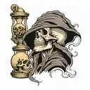 bold reaper side profile with his face as a skull face and a broken hour glass with sand running out the broken hour gla tattoo design idea