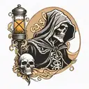 bold reaper side profile with his face as a skull face and a broken hour glass with sand running out the broken hour gla tattoo design idea