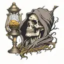 bold reaper side profile with his face as a skull face and a broken hour glass with sand running out the broken hour gla tattoo design idea