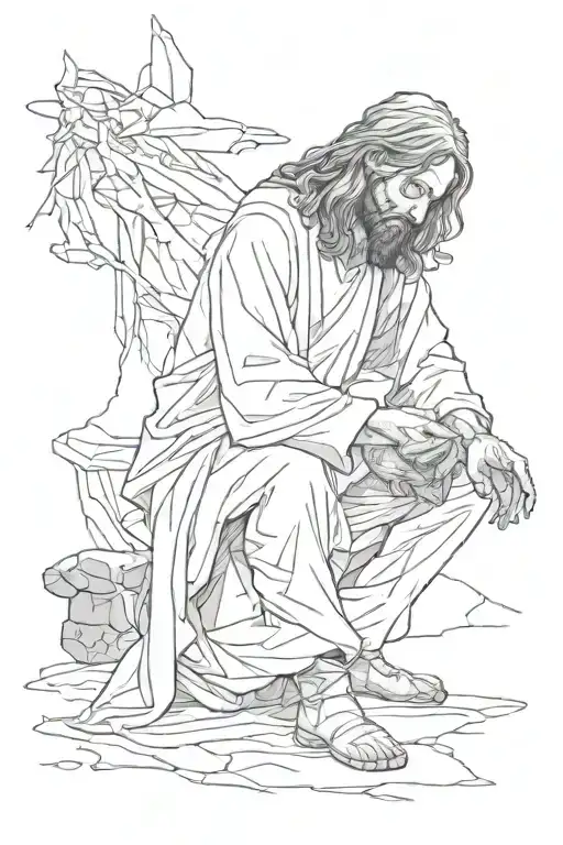 Jesus kneeling in front of a broken and depressed person  tattoo design idea