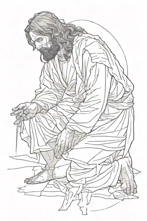 Jesus kneeling in front of a broken and depressed person  tattoo design idea
