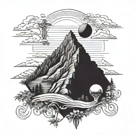 A detailed blackwork tattoo of a majestic mountain landscape with a subtle Christian cross hidden within the scenery tattoo design idea