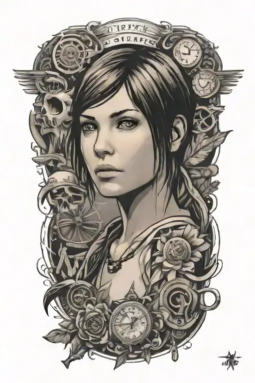 Design me a tattoo of all key elements of the game "Life is Strange". I want it to include reference of main protagonist tattoo design idea