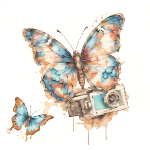Blue butterfly with polaroid camera picture, rewind symbols tattoo design idea