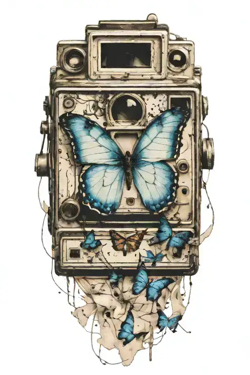 Blue butterfly as the focal point. Polaroid Camera with a photo emerging, showing Max and Chloe.  tattoo design idea