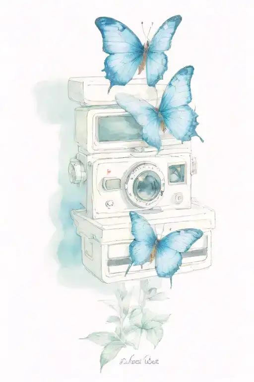 Blue butterfly as the focal point. Polaroid Camera with a photo emerging, showing Max and Chloe.  tattoo design idea