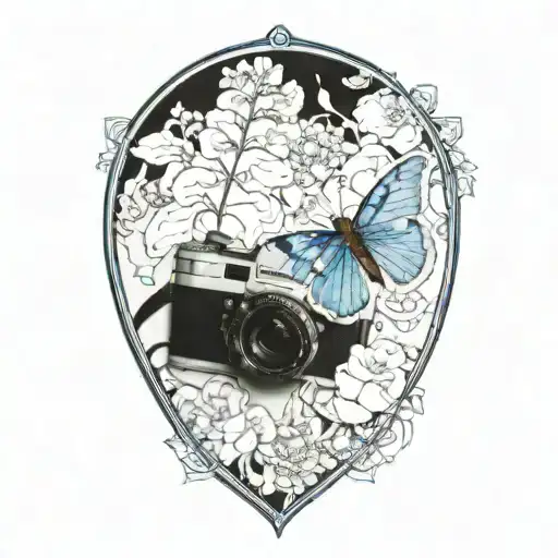 A large blue butterfly as the focal point. Polaroid Camera with a photo emerging, showing Max and Chloe. Arcadia Bay tattoo design idea