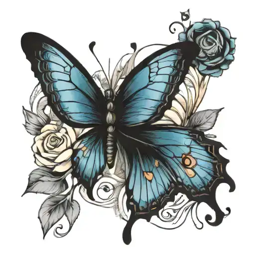 Black and Grey with Color Highlights Butterfly with a Polaroid Frame: A blue butterfly emerging tattoo design idea