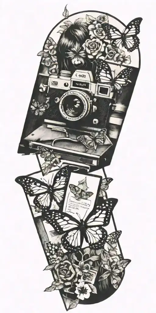 Maxine Caulfield. Polaroid Camera. Butterfly. Train rails. Revolver. Death. Dark Room. tattoo design idea