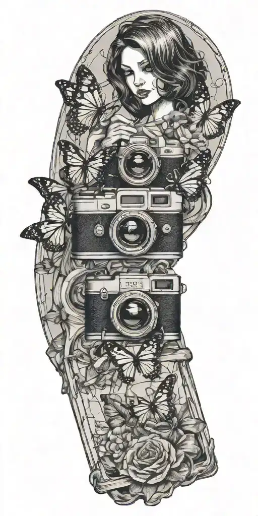 Maxine Caulfield. Polaroid Camera. Butterfly. Train rails. Revolver. Death. Dark Room. tattoo design idea