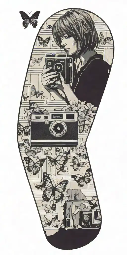 Maxine Caulfield. Polaroid Camera. Butterfly. Train rails. Dark Room. Life is Strange. tattoo design idea