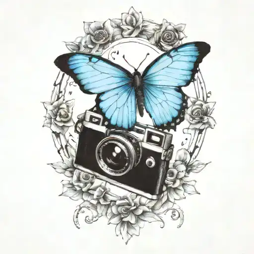 A large blue butterfly as the focal point. Polaroid Camera with a photo emerging, showing Max and Chloe. Arcadia Bay tattoo design idea