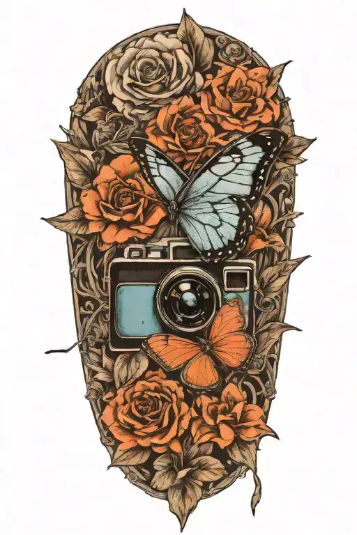 Blue butterfly as the focal point. Polaroid Camera with a photo emerging, showing Max and Chloe.  tattoo design idea