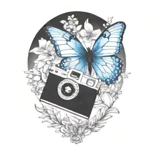 A large blue butterfly as the focal point. Polaroid Camera with a photo emerging, showing Max and Chloe. Arcadia Bay tattoo design idea