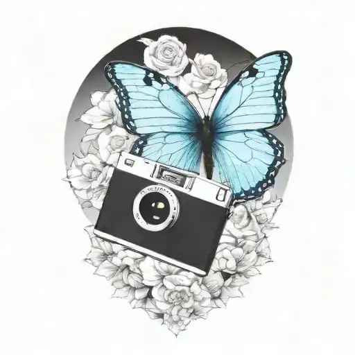 A large blue butterfly as the focal point. Polaroid Camera with a photo emerging, showing Max and Chloe. Arcadia Bay tattoo design idea