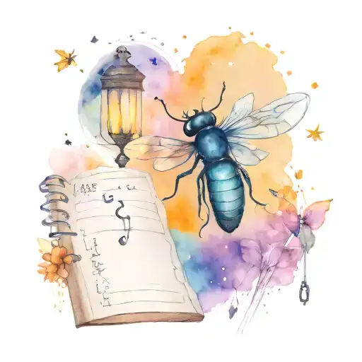 Open Journal with Sketches and Notes. Fireflies. School Keys. Night Sky. tattoo design idea