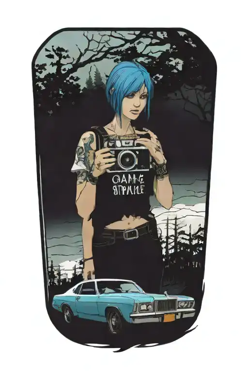 Game Life is Strange, Vortex Club, Chloe price in the car, Maxine with polaroid camera. Arcadia Bay. Tornado, Storm tattoo design idea