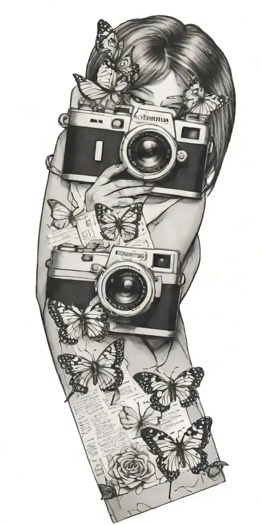 Maxine Caulfield. Polaroid Camera. Butterfly. Train rails. Revolver. Death. Dark Room. tattoo design idea