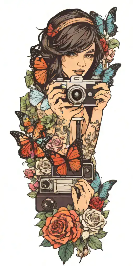 Maxine Caulfield. Polaroid Camera. Butterfly. Train rails. Revolver. Death. Dark Room. Life is Strange. tattoo design idea
