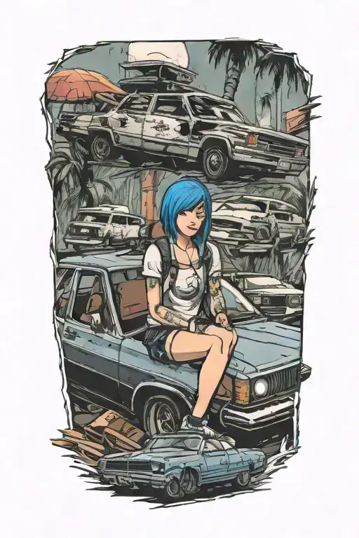 Game Life is Strange, Vortex Club, Chloe price in the car, Maxine with polaroid camera. Arcadia Bay. Tornado, Storm tattoo design idea