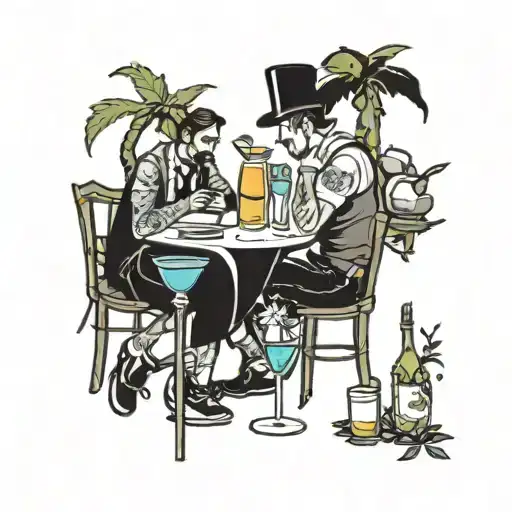 A waiter serving a table of diverse and colorful cocktails, with each drink representing a different aspect of life (love, friendship, adventure, etc.) tattoo design idea