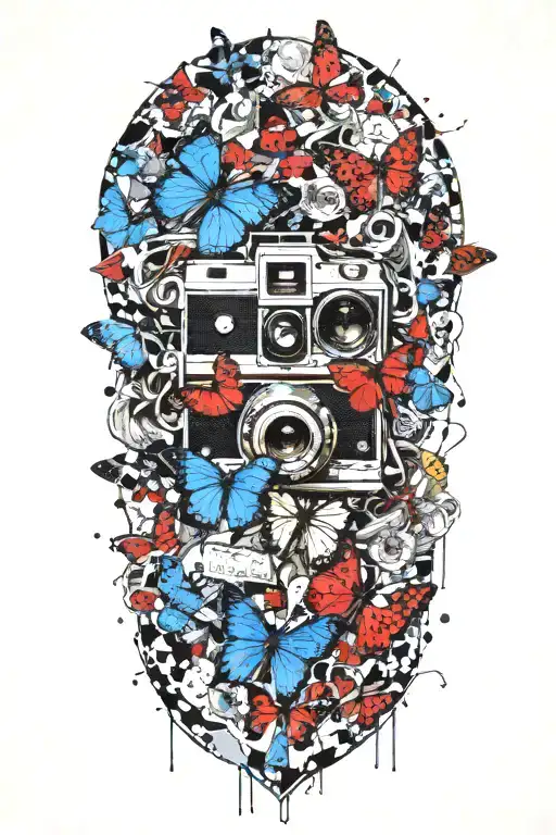 Blue butterfly as the focal point. Polaroid Camera with a photo emerging, showing Max and Chloe.  tattoo design idea