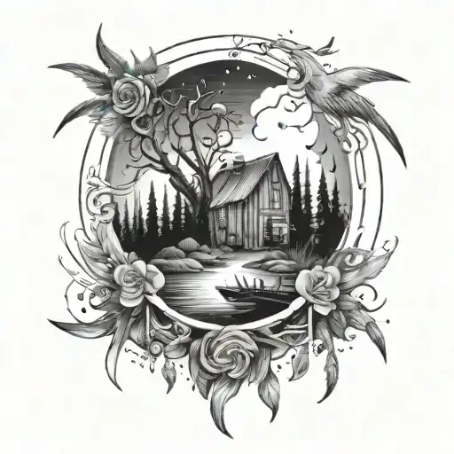 Incorporate symbols of the Vortex Club and Arcadia Bay into a tattoo design inspired by the aesthetics of Life is Strange, with a focus on black and grey shading tattoo design idea