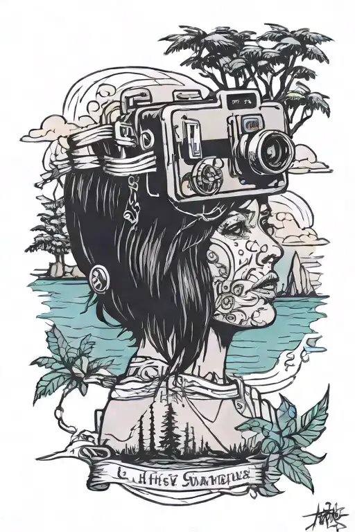 Tattoo of Arcadia Bay with Polaroid Picture of Maxine from the game "Life is Strange" tattoo design idea