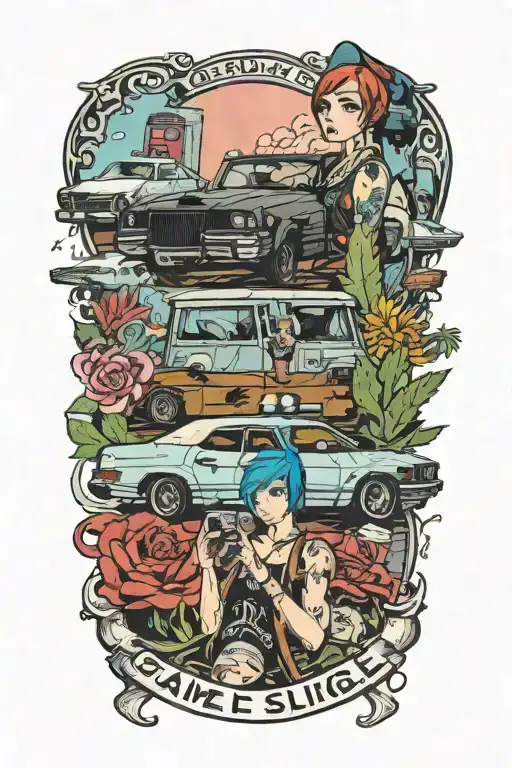 Game Life is Strange, Vortex Club, Chloe price in the car, Maxine with polaroid camera. Arcadia Bay. Tornado, Storm tattoo design idea