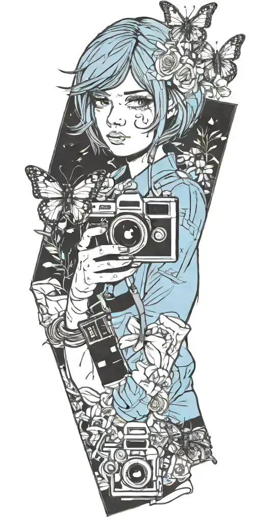 Maxine Caulfield. Polaroid Camera. Butterfly. Train rails. Revolver. Death. Dark Room. Life is Strange. tattoo design idea