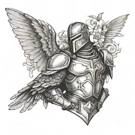 A teacher/personal trainer wearing knight armor with a hummingbird perched on their shoulder tattoo design idea