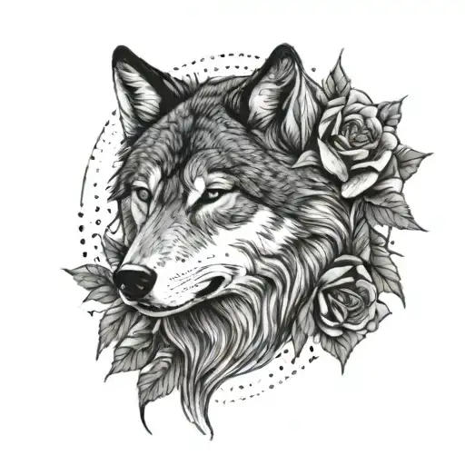 wolf and roses surrounding tattoo design idea
