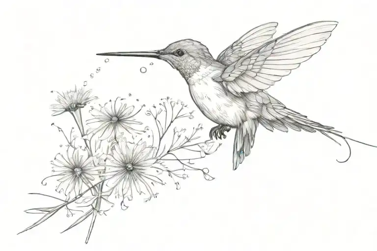 Hummingbird holding a dandelion blowing tattoo design idea