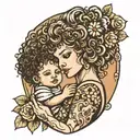 curly hair mom holding baby tattoo   tattoo design idea