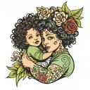 curly hair mom holding baby tattoo   tattoo design idea