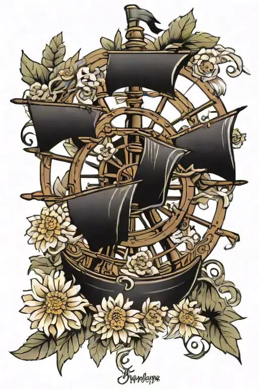 pirate ship wheel and chrysanthemum flowers tattoo design idea
