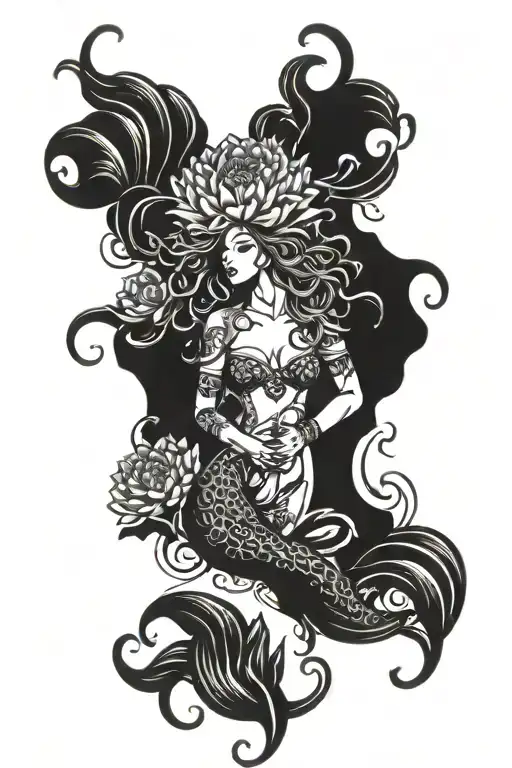 gypsy mermaid and chrysanthemum flowers surrounding tattoo design idea