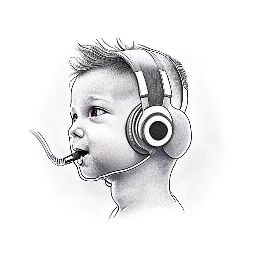 a boy with headphone on one ear, with a devil mask on half his face. psychedelic and psytrance tattoo design idea