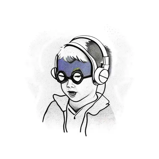 a boy with headphone on one ear, with a devil mask on half his face. psychedelic and psytrance tattoo design idea