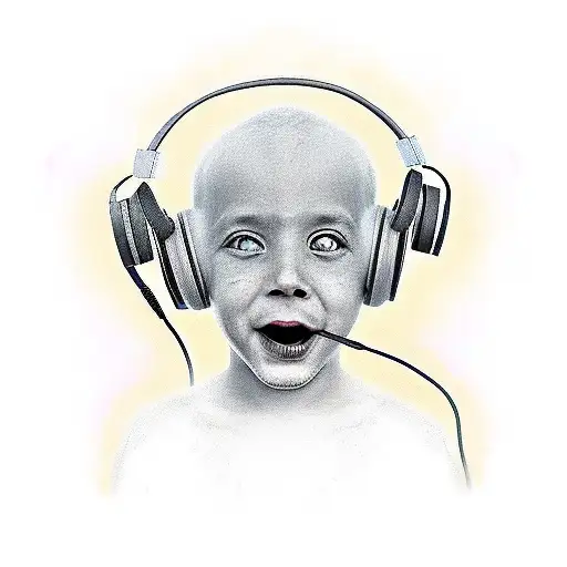 a boy with headphone on one ear, with a devil mask on half his face. psychedelic and psytrance tattoo design idea