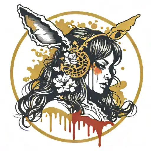 Psychedelic PlayBoy Bunny Girl Black and gold silhouette blood and melting. thorn circle blood dripping off horns tattoo design idea