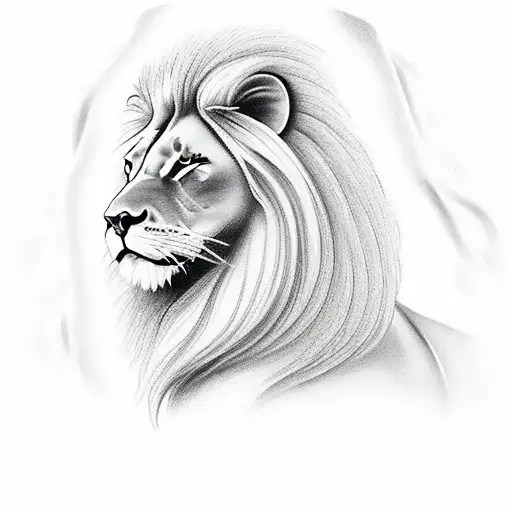 Realism tattoo of a majestic lion with Arch Angel Gabriel in the background tattoo design idea