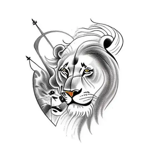 Traditional tattoo design showing the silhouette of a lion and cub hunting at sunset with Arch Angel Gabriel watching over them tattoo design idea