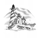 lighthouse on rocks with stormy sea tattoo design idea
