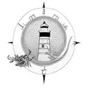 lighthouse with compass and dragon tattoo design idea