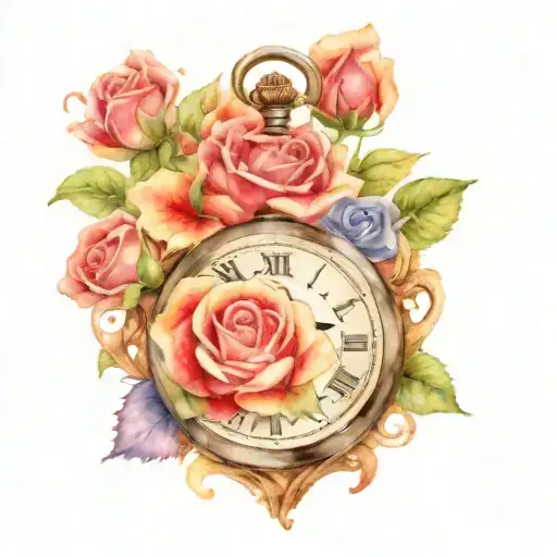 roses heart pocket watch surrounded tattoo design idea